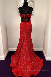 Shiny Sequins Backless Mermaid Red Long Semi Formal Prom Dresses, Mermaid Red Formal Dresses, Backless Red Evening Dresses